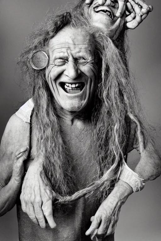 Image similar to a old laughing old man with 3 heads and 6 eyes, long hair, hanging upsidedown by annie leibovitz