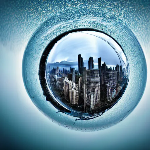 Image similar to huge city inside a water bubble, via tilt shift photography