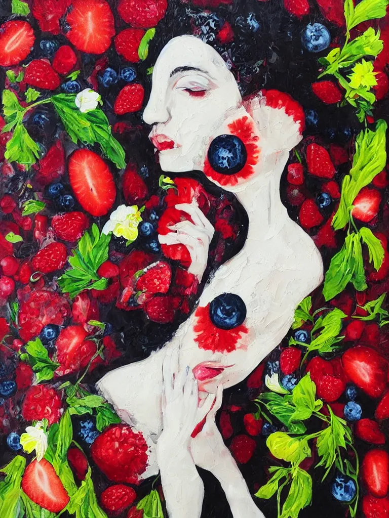 Prompt: “organic, portrait of a woman wearing white silk, neoexpressionist, eating luscious fresh raspberries and strawberries and blueberries, edible flowers, black background, acrylic and spray paint and wax and oilstick on canvas”