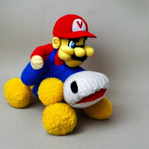 Image similar to a yarn plush doll of wario riding a yoshi