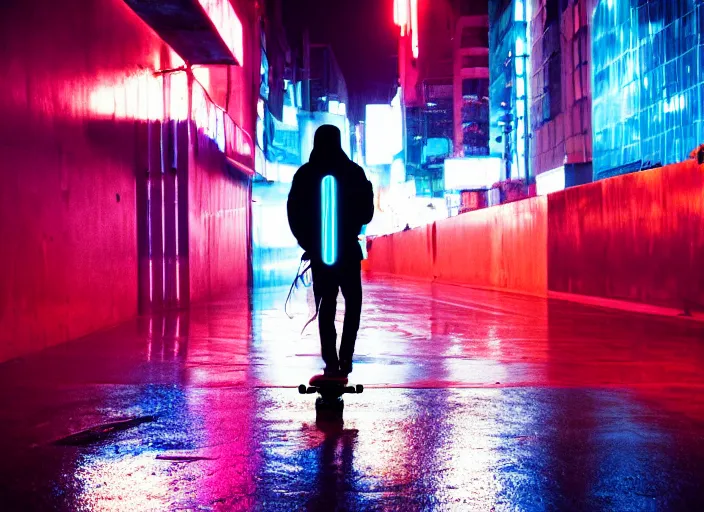 Image similar to a silhouetted person with long, flowing hair rides a skateboard through an empty neon - lit brutalist city in the rain, colored gel lighting, reflective surfaces, midnight, portra, film grain, high contrast, hyperdetailed, chromatic aberration, reminiscent of blade runner, dynamic pose