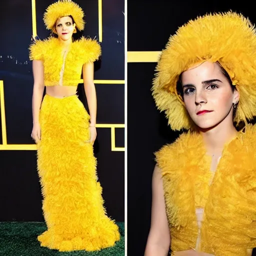 Image similar to emma watson dressed as a cheese puff, photography