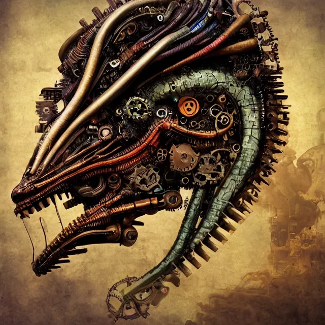 Image similar to profile portrait of a dragon, computer parts, mechanical parts, by giuseppe arcimboldo, steampunk, cyberpunk, futuristic, psychedelic, surreal, sci - fi, vaporwave, alien, dreamlike.