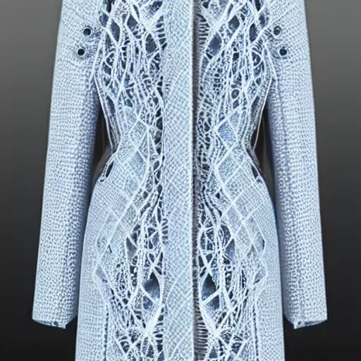 Image similar to fashion 2 0 5 0 fantastic openwork long coat with intricate pattern on a beautiful symmetrical girl with blue hair, hyper realistic photos