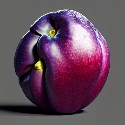 Image similar to intricate hyper detailed ultra sharp, plum with a face of!! jeff goldblum!!!,, material is!!! plum!!!, sentient fruit, jeff goldblum is a plum, sharp focus, global illumination, radiant light, alexandre ferra, irakli nadar, octane render, unreal engine, 4 k, ultra hd,