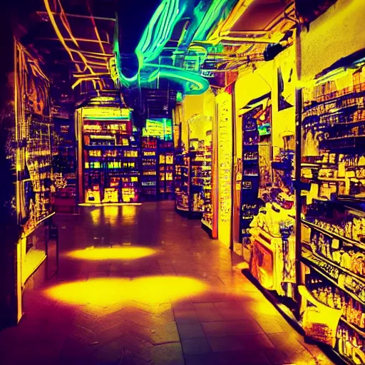 Prompt: inside a store at night, ethereal, ancient, neon lit, cosmic, mysterious