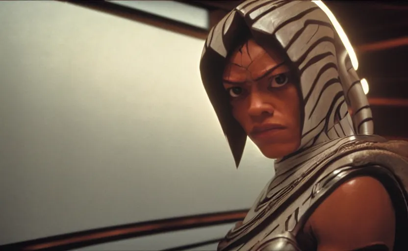 Prompt: cinematic still image wide shot screenshot portrait of ahsoka tano played by rosario dawson, scene from 1 9 8 0 s empire strikes back, 7 0 mm imax, moody iconic scene, beautiful detailed scene, kodak, directed by kubrick