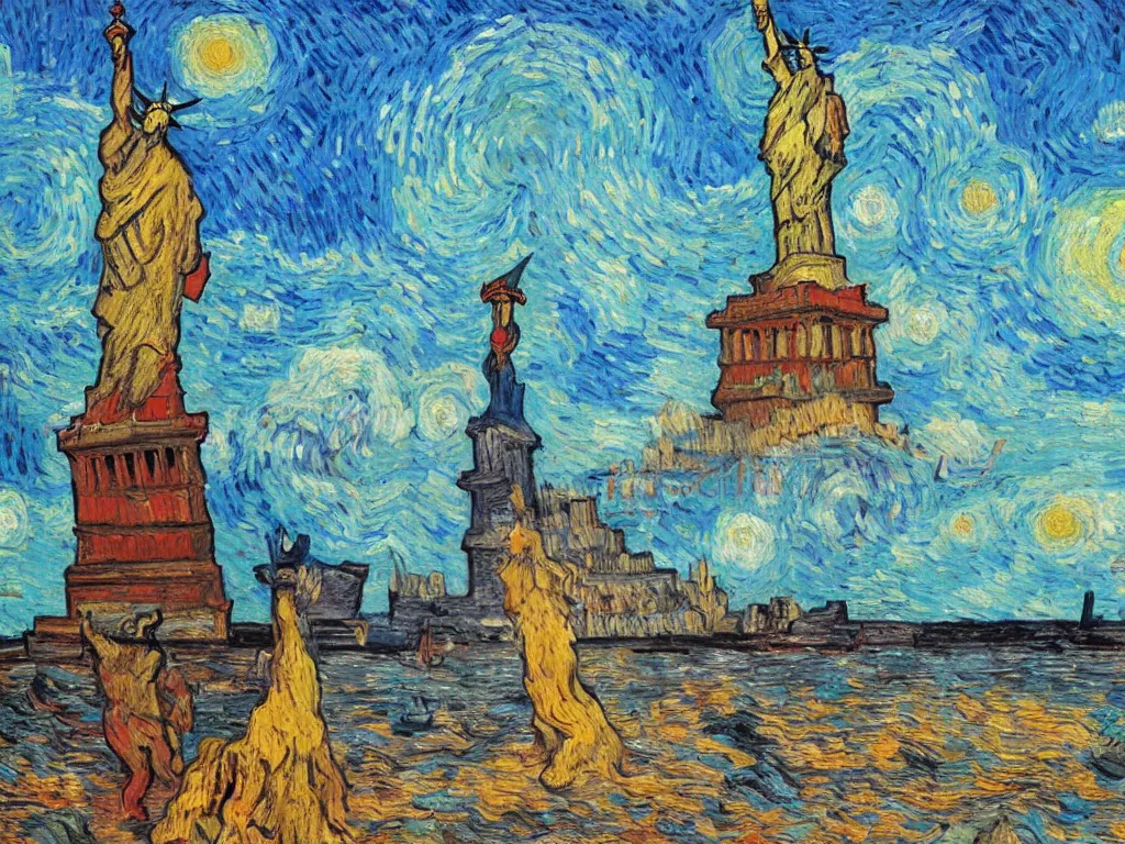 Image similar to bright beautiful oil painting of charlton heston on a beach with a ruined statue of liberty, light scatter, van gogh