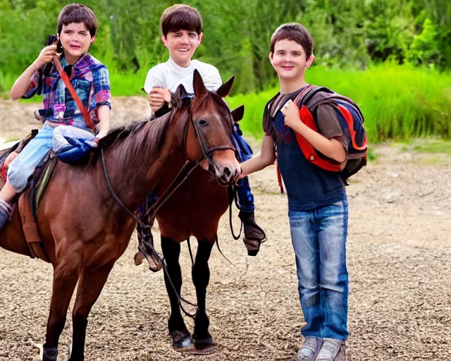 Prompt: girly! boy with dark - brown hair, the boy is on horse, the boy is holding backpack and gun, realistic photo