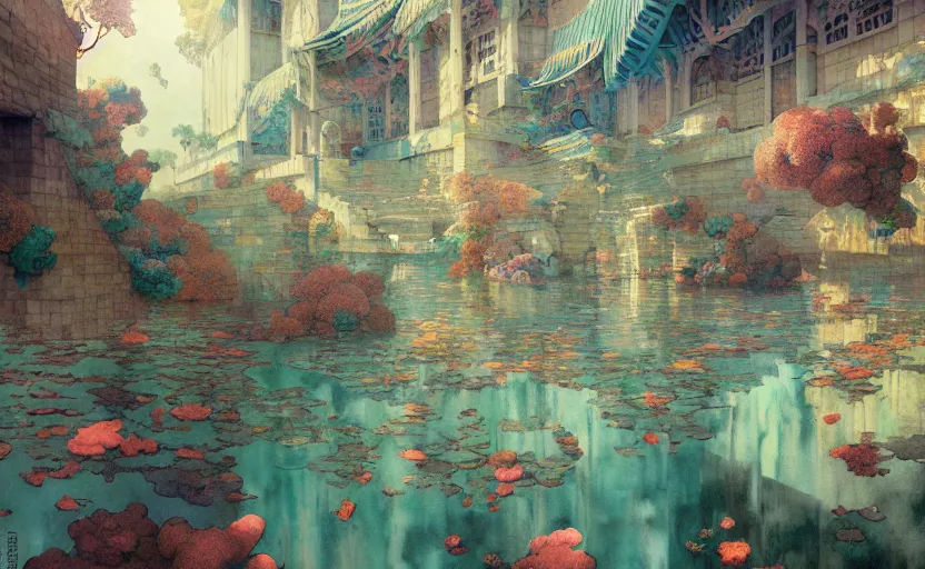 Image similar to tiled room squared waterway, fantasy. intricate, amazing composition, colorful watercolor, by ruan jia, by maxfield parrish, by marc simonetti, by hikari shimoda, by robert hubert, by zhang kechun, illustration, gloomy