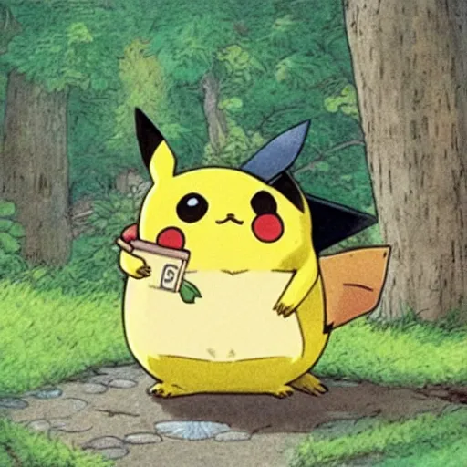 Prompt: Pikachu dressed up like Totoro while holding a leaf, Ghibli, art