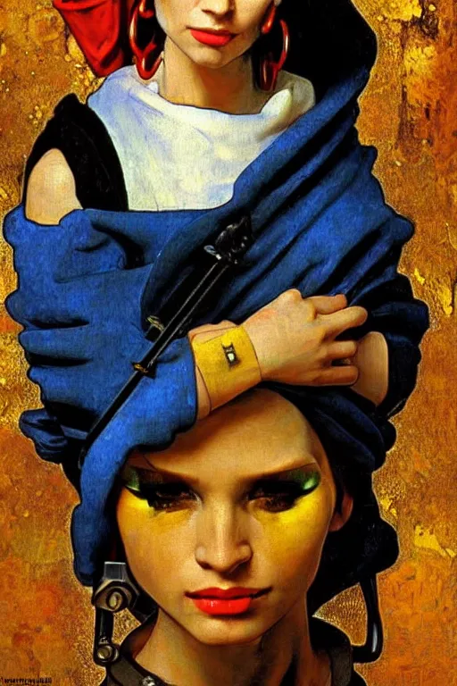 Image similar to full character portrait max mad cyberpunk warhammer 4 0 k, medic sapper not the girl with the pearl earring character design, painting by vermeer, frank frazetta, mucha klimt