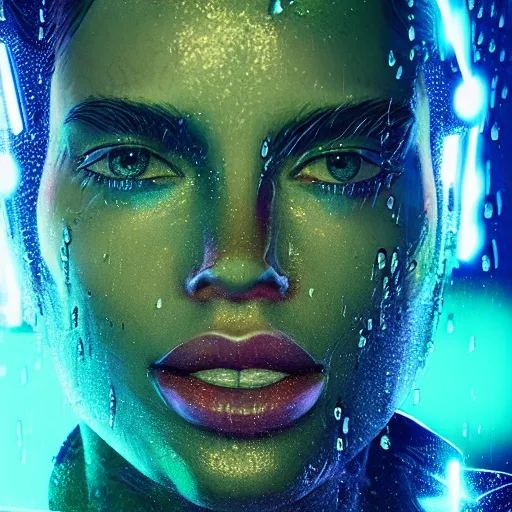 Prompt: splashes of neon, portrait made out of rain, trending on artstation, epic composition, emotional, beautiful, rendered in octane, unreal engine, highly detailed, realistic, galaxy background