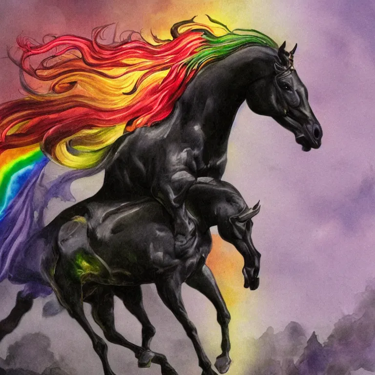 Image similar to fantasy portrait of a rainbow demon riding a black horse