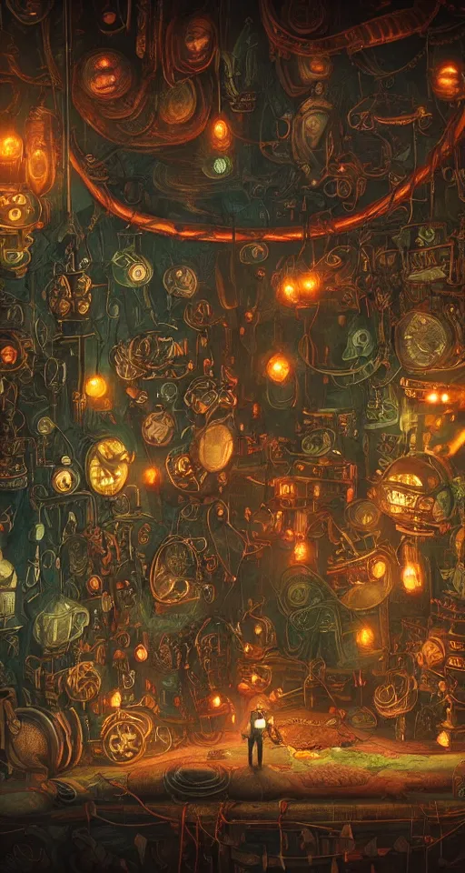 Image similar to tapestries of dreams, ultra detailed, dark, steampunk, moody, candles, neon signs, infographic style, characters from machinarium, by don bluth, trending on artstation, octane render