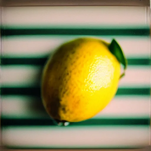 Prompt: Polaroid photo of a lemon on a cutting board, motion blur, out of focus, flash, overexposed, grainy