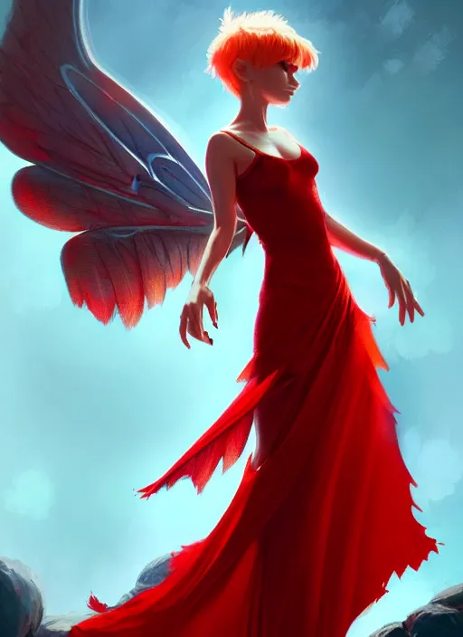 Prompt: Full-body illustration of tiny pixie, D&D fantasy, wearing a red dress, with large wings, intricate, highly detailed, digital painting, artstation, concept art, sharp focus, illustration, art by greg rutkowski and Ross Tran