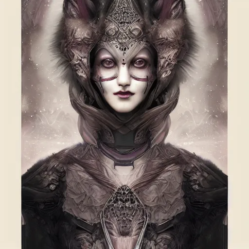 Image similar to tom bagshaw, soft painting fractal curiosities carnival, very beautiful fox mutation female in full ornated nightshade armor, symmetry accurate features, focus, very intricate ultrafine details, black white purple volumetric clouds, award winning masterpiece, octane render 8 k hd