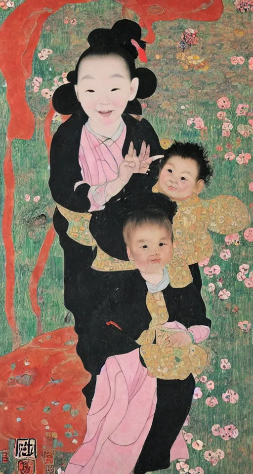 Prompt: A baby girl sitting, toy in hand, selfie, big smile, art by Qi Baishi and Klimt