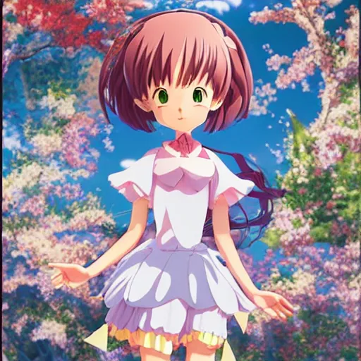 Prompt: Key visual manga book cover portrait of an extremely cute and adorable beautiful anime girl transforming into her magical girl outfit, 3d render diorama by Hayao Miyazaki, official Studio Ghibli still