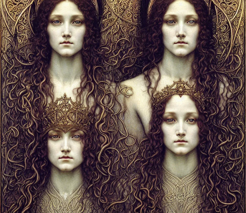 Image similar to detailed realistic beautiful young medieval queen face portrait by jean delville, gustave dore and marco mazzoni, art nouveau, symbolist, visionary, gothic, pre - raphaelite. horizontal symmetry