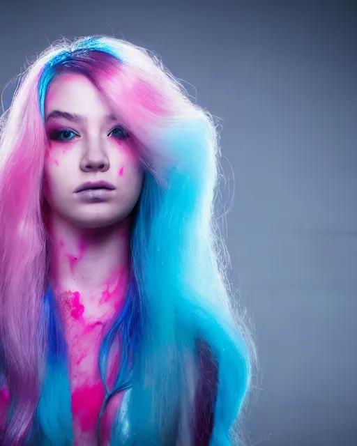 Image similar to a dramatic lighting photo of a beautiful young woman with cotton candy hair. blood splashes with a little bit of cyan and pink