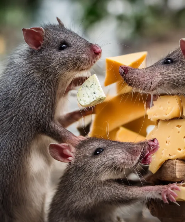 Image similar to high quality presentation photo of vicious anthropomorphic rats with sharp teeth eating cheese, and fighting each other over cheese, photography 4k f1.8 anamorphic bokeh 4k Canon Nikon