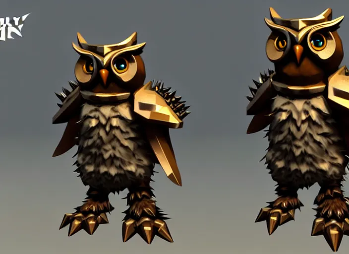 Prompt: owlbear, with metallic spiked shoulder pauldrons, stylized stl fantasy miniature, 3 d render, activision blizzard style, hearthstone style