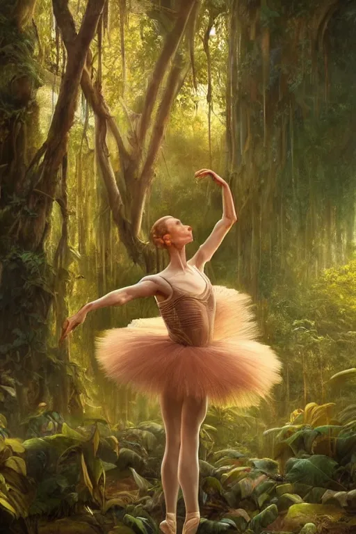 Prompt: stunningly robust, elderly prima ballerina in jungle, symmetrical face, golden hour, smooth, focus, highly detailed, hyper realistic, dramatic lighting, elegant, intricate, concept art, art by wlop, mars ravelo, greg rutowski, artstation