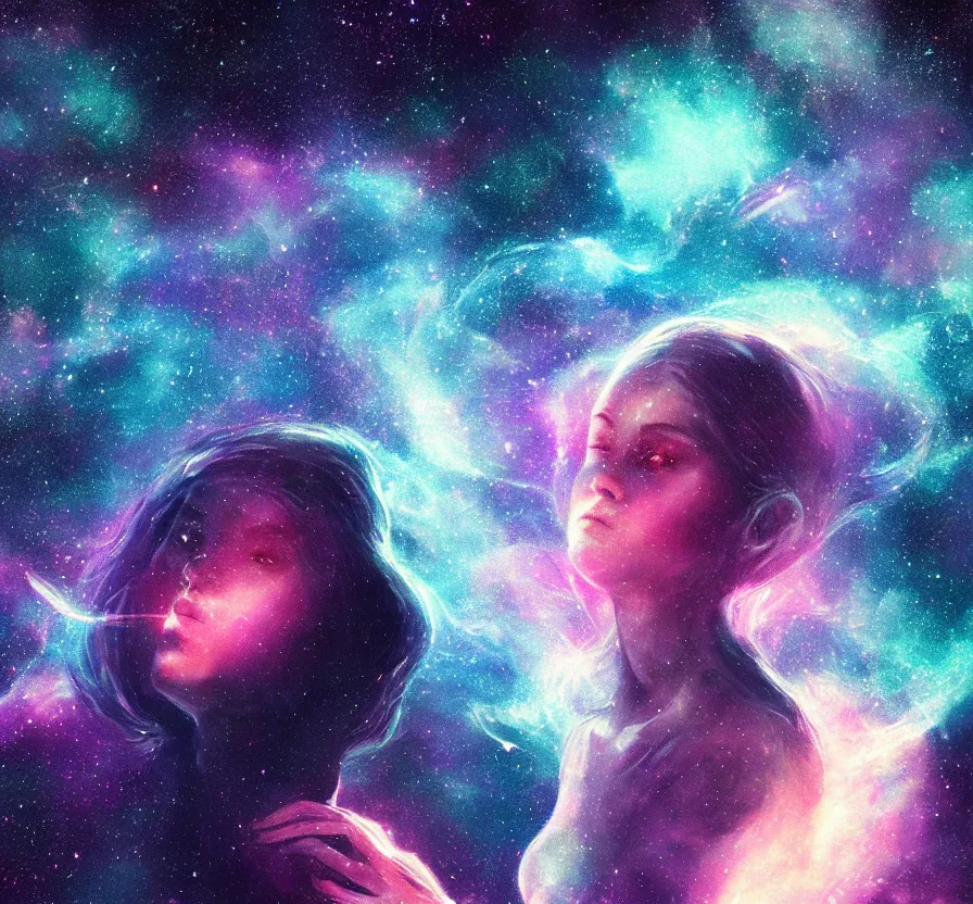 Image similar to girl smoking in space, nebula, dark colors, black hole, acrilic paint, digital, artstation, detailed, intricate ink, illustration, heavenly atmosphere, digital art, over detailed art, conceptart