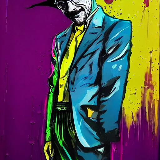 Prompt: walter white wearing the joker suit, dripping paint