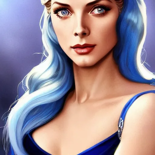 Image similar to A combination of Grace Kelly's and Katheryn Winnick's and Ashley Greene's faces with blue hair as She-Ra, western, D&D, fantasy, intricate, elegant, highly detailed, digital painting, artstation, concept art, matte, sharp focus, illustration, art by Artgerm and Greg Rutkowski and Alphonse Mucha