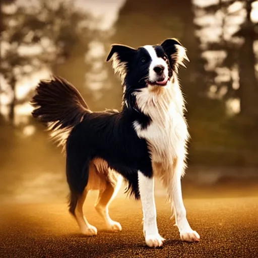 Image similar to Border Collie, splash art, movie still, cinematic lighting, dramatic, octane render, long lens, shallow depth of field, bokeh, anamorphic lens flare, 8k, hyper detailed, 35mm film grain