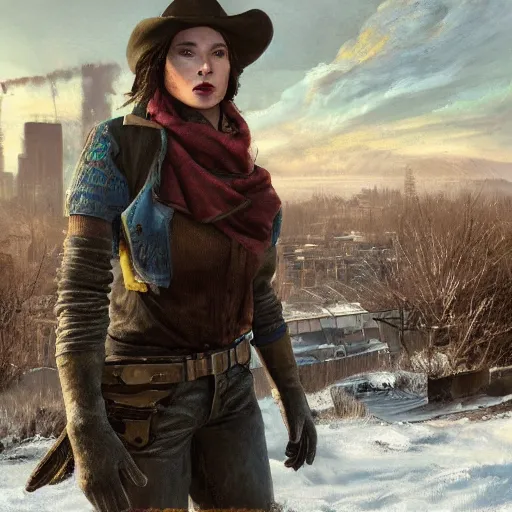 Image similar to fallout 5, charismatic beautiful, rugged, brunette female protagonist wearing a cowboy - hat, portrait, outdoors ruined cityscape, atmospheric lighting, painted, intricate, volumetric lighting, beautiful, daytime, harsh winter weather, sharp focus, deep colours, ultra detailed, by leesha hannigan, ross tran, thierry doizon, kai carpenter, ignacio fernandez rios