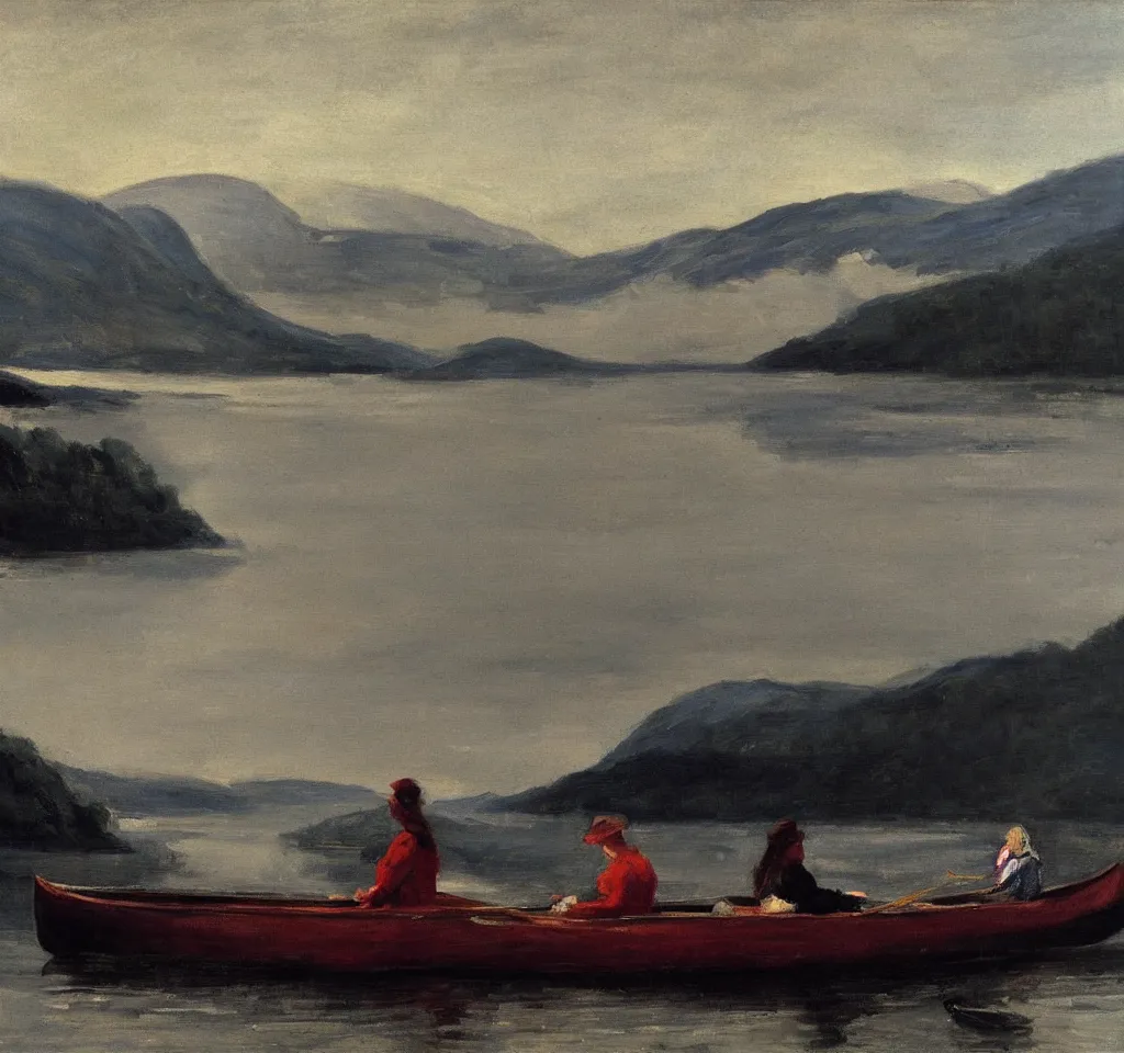 Image similar to one beautiful woman sitting in canoe on the hudson river, mountains in mist in the background, oil painting, style of george bellows