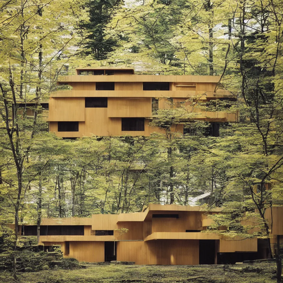 Prompt: architecture ad for a mid-century modern house, designed by Kengo Kuma. Film grain, cinematic, yellow hue