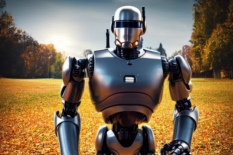 Prompt: real life robocop, ultra realistic!!!, autumn, clear weather, golden hour, sharp focus