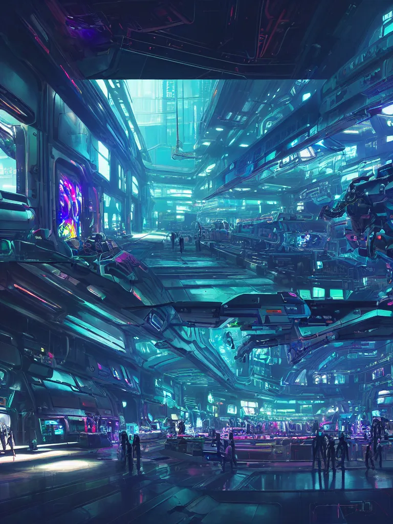 Image similar to the interior of a celestial spaceship cyberpunk hangar in a bioluminescent walls decorated beautifully, lots of cyberpunk design elements like humanoids and mecha robots, warm sunlight shining in, lots of cables and neon signs, concept art 8 k resolution, fantasy illustration, sharp focus, detailed painting, deep color, volumetric lighting, crepuscular rays