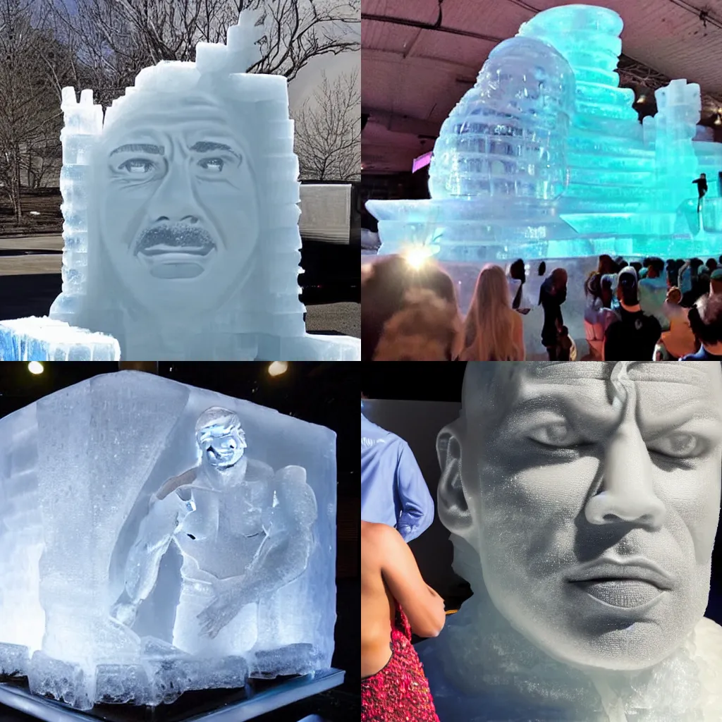 Prompt: an ice sculpture of Dwayne The Rock Johnson, visually stunning