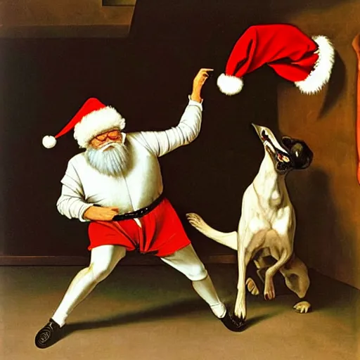 Image similar to Father Christmas throwing a bone for a greyhound to chase. Painted by Caravaggio