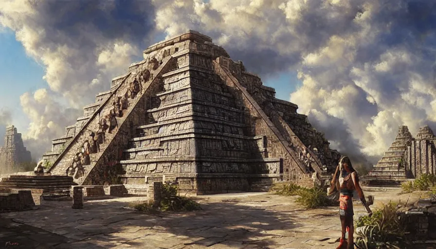 Image similar to excellent hyperrealist painted futuristic Aztec temples somewhere in Europe with fluffy clouds, painted by Hans Fredrik Gude, Greg Rutkowksi, Craig Mullins and Artgerm, masterpiece, 4k, ultra realistic highly detailed oil painting