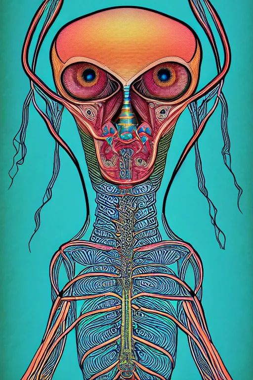 Image similar to psychedelic anatomically accurate labeled diagram of alien animal, intricate parts, fine details, hyper realistic, elegant minimalist, by seichen, surreal