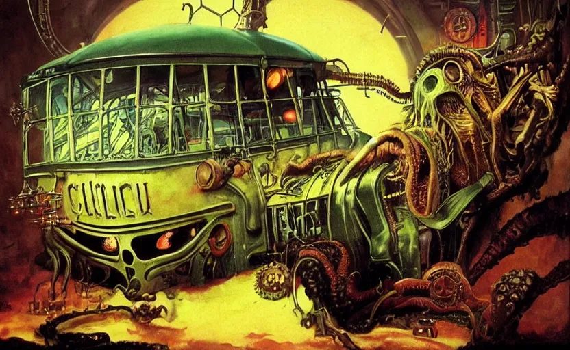 Image similar to cthulhu devouring a steampunk school bus. highly detailed science fiction painting by norman rockwell, frank frazetta, and syd mead. rich colors, high contrast, gloomy atmosphere, dark background. trending on artstation