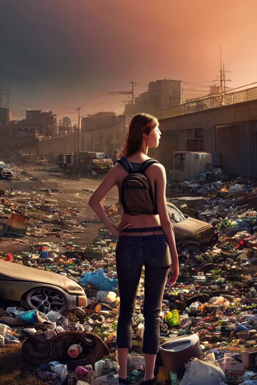 Image similar to wide photo of young woman in mini short with backpack looking at food at garbage dump, destroyed cars, city is pure wasteland, moody sunset background, rays of sunlights, ( ( ( rainbow ) ) ), high details, sharp, photorealism, greg rutkowski, artgerm, unreal engine, highly detailed