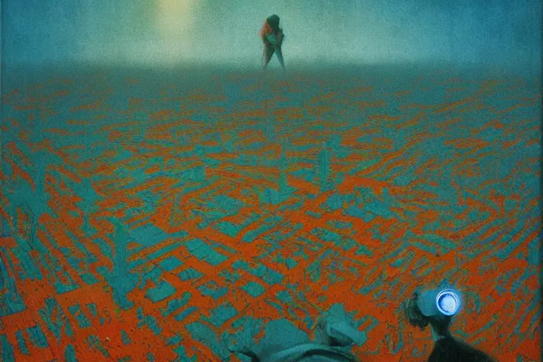 Image similar to barrister of harvest, art by beksinski and pauline baynes, trending on artstation, iridescent cool blue and cyan and red and blue and yellow and green lighting camera view from above surrealism, very very intricate, concept art, fisheye lens, situationist international