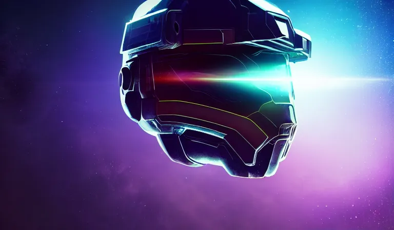 Image similar to cyberpunk halo helmet floating in space with reflections, epic, dramatic, photorealistic, award winning, 8k,