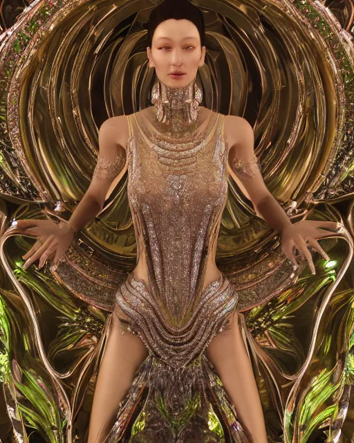 Image similar to a highly detailed metahuman 4 k close up render of an alien goddess bella hadid monument persephone in iris van herpen dress schiaparelli in diamonds crystals swarovski and jewelry iridescent in style of alphonse mucha gustav klimt trending on artstation made in unreal engine 4