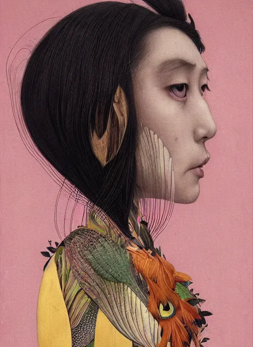 Image similar to a severe woman with a crooked nose, cat eye, botanical, birds of paradise, portrait face, colorful, kupka, intricate, miles johnston, kuroda seiki, ozabu, godward, painterly, yoshitaka amano, moebius, miles johnston, louise zhang, james jean, mark ryden lowbrow pop surrealism art style