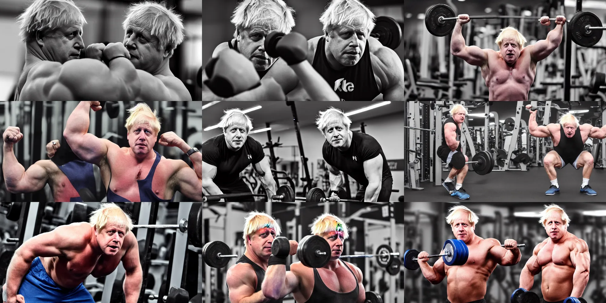 Prompt: a very strong boris johnson in the gym, big muscles, fotorealistic, 4 k