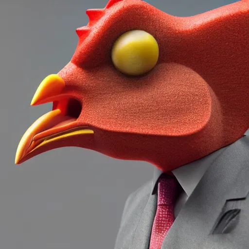 Image similar to a high detail shot of an antropomorphic chicken wearing a suit, realism, 8k